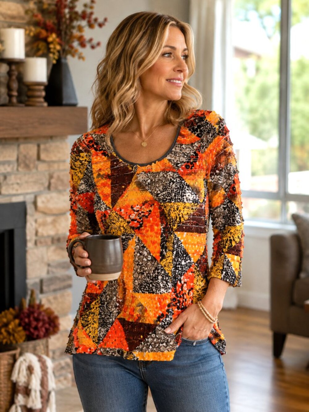 Frilled Stretchy Blouse NY Collection Orange Black Brown Patchwork Print Size M
